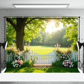 Aperturee - Aperturee Sunlight Green Grass Tree Floral Fence Summer Backdrop